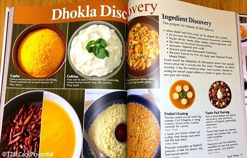 DhoklaDiscovery recipe book showing various dhokla types with ingredients and preparation methods for each regional variation