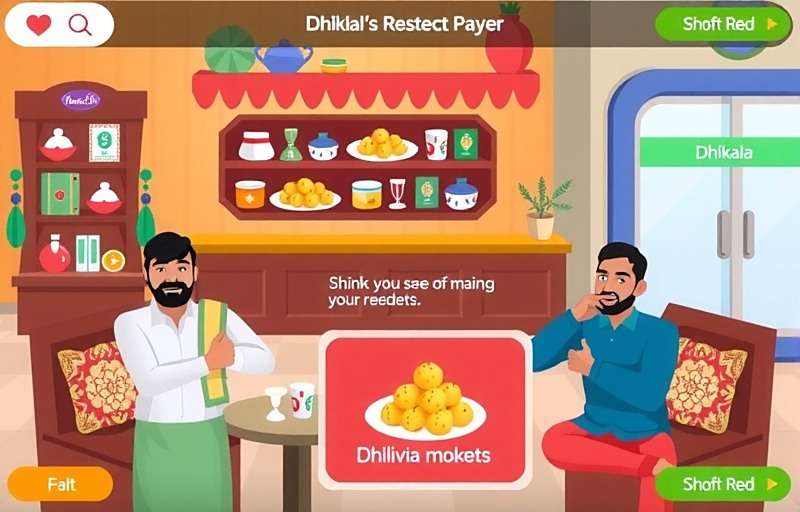 DhoklaDiscovery screenshot showing a player's virtual restaurant with happy customers enjoying dhokla and traditional Gujarati decor