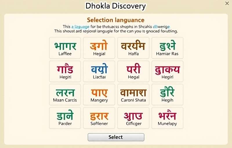 DhoklaDiscovery language selection screen showing 16 Indian language options with authentic regional script