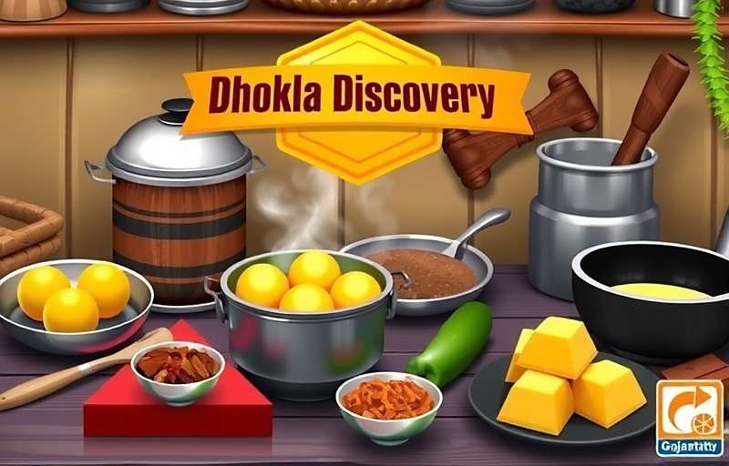 DhoklaDiscovery game cover showing traditional Gujarati kitchen with steaming dhokla, spices and cooking utensils